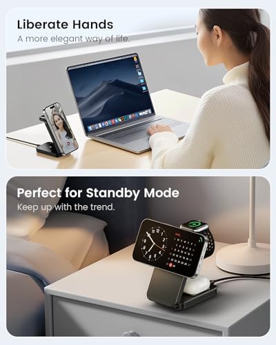 ESSAGER 3 in 1 Travel Wireless Charger – Compact Foldable Magnetic Charging Station for i Phone 16/15/14/13/12, Air Pods Pro/4/3/2, and i Watch with 20 W Fast Charging Adapter – Ultimate Compatibility & Efficiency for On-the-Go Power Needs