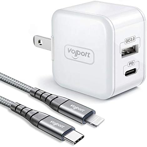 VOLPORT Dual-Port Fast Charging Wall Charger Block with MFi Certified USB C to Lightning Cable – Compact Power Adapter with Foldable Plug for i Phone 14, 13, 12 Pro Max & i Pad – Ultimate Speed and Compatibility for On-the-Go Charging