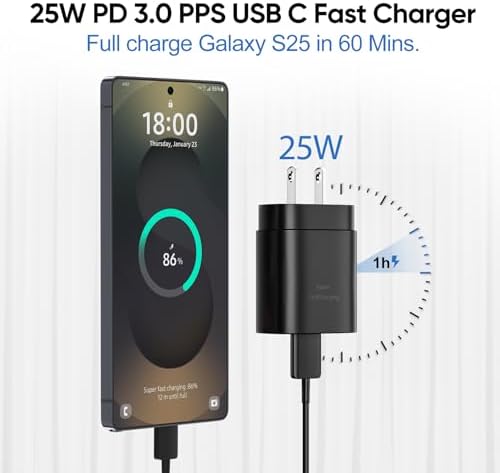 Ultra-Fast 25 W Type-C Charger for Galaxy S-Series – 10 ft USB-C Cable for S25, S24, S23, S22 – Rapid Power Delivery with Superior Safety Features for Mobile Professionals and On-the-Go Users