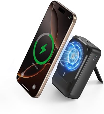 26800 m Ah Magnetic Wireless Power Bank with PD 22.5 W Fast Charging – Multi-Device Portable Charger for i Phone 16/15/14/13/12 Series – Built-in Cables, Kickstand, LED Power Indicator – Universal Compatibility for Smartphones and Tablets – Safe, Efficient Charging Solution in Sleek White Finish