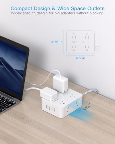HANYCONY 6 ft Surge Protector Power Strip with 8 Outlets & 2 USB-C Ports – Essential College Dorm Extension Cord with Space-Saving Flat Plug for Fast Charging and Device Safety – Perfect for Home Office and Tech Needs