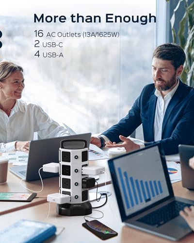 JACKYLED Power Strip Tower Surge Protector with 12 Outlets and 6 USB Ports (2 USB-C) – High-Speed Charging Station with 1050 Joules Protection, 1625 Watts, 6.5 ft Extension Cord for Enhanced Home Office Efficiency and Device Safety