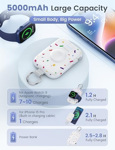 Compact RORRY 5000 m Ah Portable Charger Power Bank with Integrated Cables – Sleek Keychain Battery Pack for i Phone 16/15/14/13/12 and Apple Watch Ultra Series, Ultimate Travel Companion with Fast Charging and Modern Design