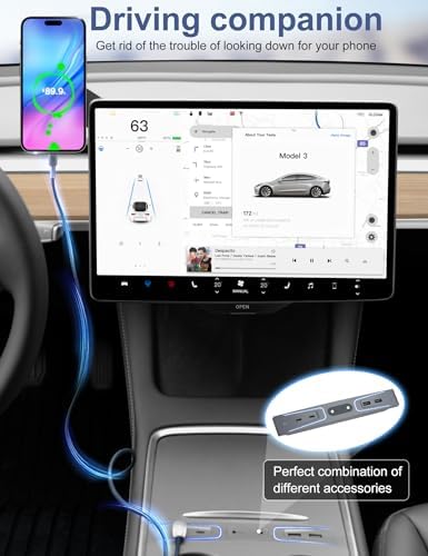 15 W Wireless Fast Charging Magnetic Phone Mount for Tesla Model Y & Model 3 – Ultimate Holder for i Phone 12-16 & Android Devices, Includes 5 ft USB-C Cable, Perfect for Safe Navigation and Hands-Free Use – Modern Tesla Accessory