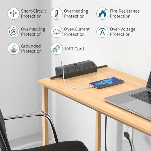 Ultimate Desk Clamp Power Strip with 10 FT Extension Cord – 6 AC Outlets & Dual USB-C Fast Charging Station for Seamless Office Connectivity – Removable Surge Protector for Up to 1.8″ Tabletop – Enhance Your Workspace Efficiency and Stay Powered Up