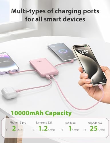 Experience Ultimate Portability with Alongza 10,000 m Ah Fast Charging Power Bank – Sleek Design with Built-In Cables and AC Plug for Effortless Device Charging on the Go – Lightweight, Compact USB C External Battery for Seamless Travel Convenience and Enhanced Compatibility Across All Smartphones and Gadgets
