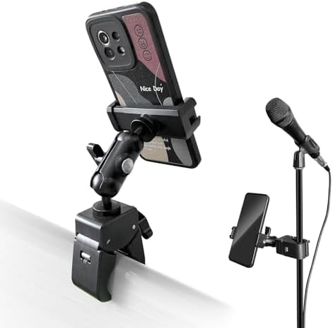 Versatile Adjustable Clip Phone Holder for Desk and Gym – Universal Mount for 4-7” Smartphones with Durable Aluminium Arm for Enhanced Convenience and Productivity – Perfect for Treadmills, Mic Stands, and Home Offices
