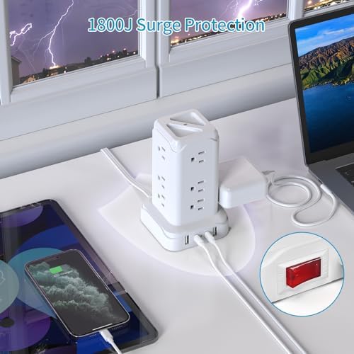 Transform Your Charging Setup with the PD20 W USB C Power Strip Tower – 6 Feet Surge Protector with 4 Fast-Charging USB Ports and Built-in Night Light, Perfect for Home, Office, or Dorm Room, Featuring a Compact Design with Thin Flat Plug for Ultimate Space Efficiency and Enhanced Device Safety