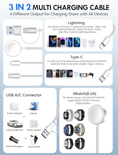 Ultimate 2-Pack Fast Charging Cable Set: Versatile USB A/Type C/Lightning Cables for Quick Charging of Apple Watch & i Phone, 4 FT Length for Seamless Travel Compatibility with i Phone 11-16, i Pad, Apple Watch Ultra & SE, Durable Multi-Device Solution for Enhanced Power Efficiency and Convenience