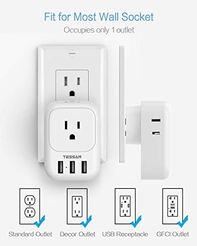 TESSAN Ultimate USB Charger Block – 3-Port Wall Plug Adapter with 4-Box Splitter for Effortless Multi-Device Charging at Home, Office, or Travel – Compact Design with Surge Protection and Enhanced Compatibility for Your Essential Electronics