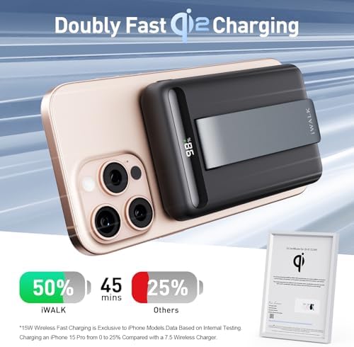 i WALK Qi2 Certified 15 W Magnetic Wireless Power Bank – 10000 m Ah Portable Charger with Adjustable Stand & LED Display for i Phone 16/15/14/13/12 Pro/Pro Max/Plus/Mini – Ultra-Fast Charging Solution for On-the-Go Professionals and Travelers