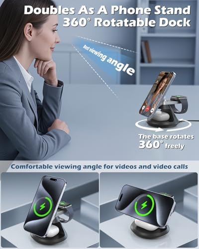 Ultimate 3-in-1 Mag Safe Charging Station: 15 W Fast Wireless Charger with 360° Rotating Dock for i Phone 16/15/14/13/12, i Watch, and Air Pods – Enhanced Magnetic Alignment, Anti-Slip Design, and Dual Orientation Stand for Seamless Charging Experience