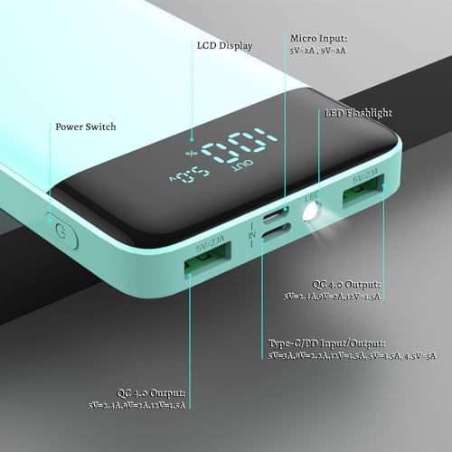 Ultra Slim 10800 m Ah Portable Charger with LCD Display – Fast Charging Power Bank with 20 W PD USB-C Output, Ideal for i Phone 15, 14 & Samsung Android – Compact Power Solution for On-the-Go Charging