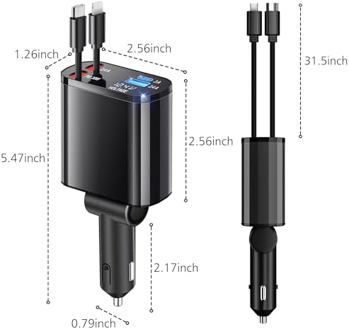 TICCI 60 W Retractable Car Charger: 4-in-1 Fast Charging Solution for i Phone 16-12, USB-C & Android Devices – Ultimate Convenience with Tangle-Free Design and Enhanced Compatibility for Road Trips and Daily Commutes