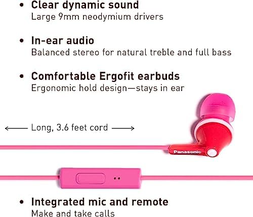 Panasonic Ergo Fit Wired Earbuds with Microphone – Superior Sound Quality with Ergonomic Comfort, Universal 3.5 mm Jack Earphones for Phones and Laptops in Stylish Metallic Purple – Custom-Fit Earpieces (S/M/L) for Optimal Audio Experience and Hands-Free Calls – RP-TCM125-VA