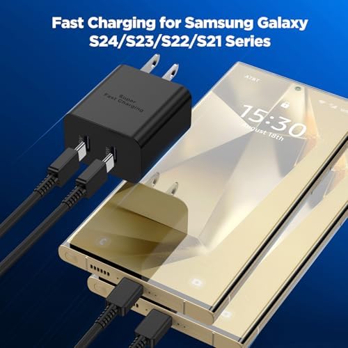 High-Speed Dual 45 W Charger Set with 10 ft USB-C Cable – Optimal Charging Solution for Samsung Galaxy S24/S23/S22/S21/Note 20/Note 10+ – Advanced Safety Features & Extended Reach for Android Devices
