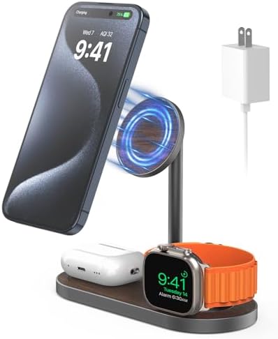 Sleek Aluminum Alloy 3-in-1 Charging Station for Apple Devices – Fast 5 W Wireless Charger Stand for i Phone 16/15/14/13/12, Apple Watch 9/8/7/SE, and Air Pods – Travel-Friendly Design with Elegant Wood Finish and Magnetic Alignment for Optimized Charging Performance