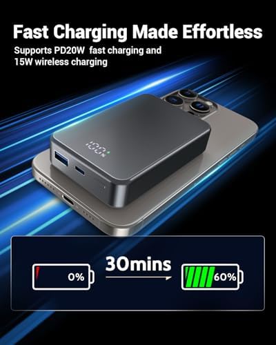26800 m Ah Magnetic Power Bank – Premium Aluminum Alloy Portable Charger with 20 W USB-C Fast Charging for i Phone 12-16 Series, Sleek Silvery Gray, Effortless Wireless Charging for On-the-Go Power Solutions