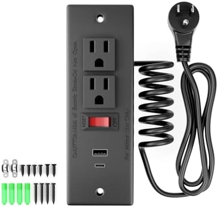 Recessed Drawer Power Strip Kit: Clutter-Free Charging Solution with PD 20 W Fast Charge, Dual USB Ports (Type A & C), and Dual 12 Amp AC Outlets – 7.2 FT Cord for Flexible Setup and Enhanced Workspace Efficiency