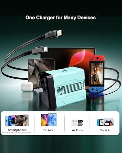 Revolutionize Your Charging Experience with the W & O 45 W Ga N Fast Charger – All-in-One Retractable Dual Cable Wall Plug for i Phone 16/15/14/13/12/11 & Galaxy S25/24 – Ultimate Lightning and Type-C Compatibility for Lightning-Fast Power Delivery – Sleek, Compact, and Durable Charging Solution Perfect for Home, Office, or Travel – Tidy Your Space with Innovative Design and Effortless Portability