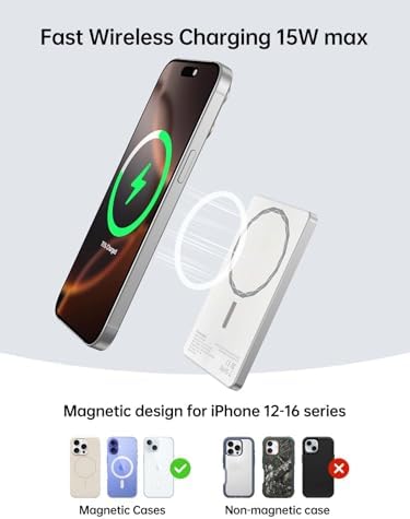 Mavulo Mag Safe Ultra-Slim 5000 m Ah Wireless Power Bank – Portable Charger with 18 W USB-C Fast Charging for i Phone 12-16 Series – Lightweight Design with LED Battery Indicator for Effortless On-the-Go Power Solutions
