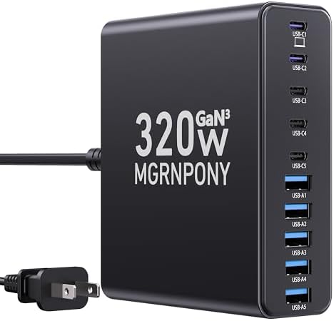Power Up Like Never Before: 320 W Multi-Device USB C Charger Block with 10 Ports – Ga N III Fast Charging Station for Laptops, Tablets & Smartphones – Perfect for Mac Book Pro/Air, DELL, i Pad, i Phone, Samsung Galaxy – Ultimate Compatibility & Safety Features
