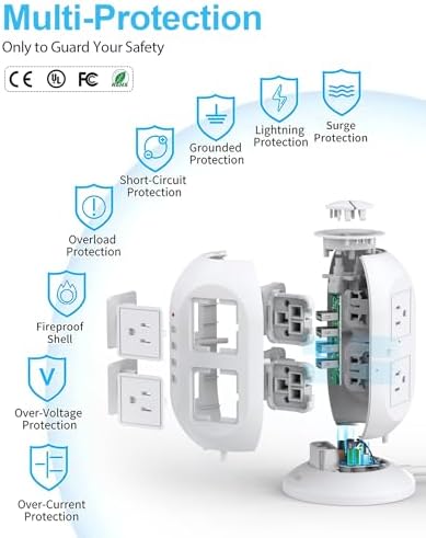 Ultimate Surge Protector Power Strip Tower: 8 AC Outlets, 4 USB Ports (Including 1 USB-C), 10 ft Flat Extension Cord – Versatile Charging Station for Home, Office or Dorm Use – Space-Saving Design with Advanced Surge Protection and Fast Charging Capabilities