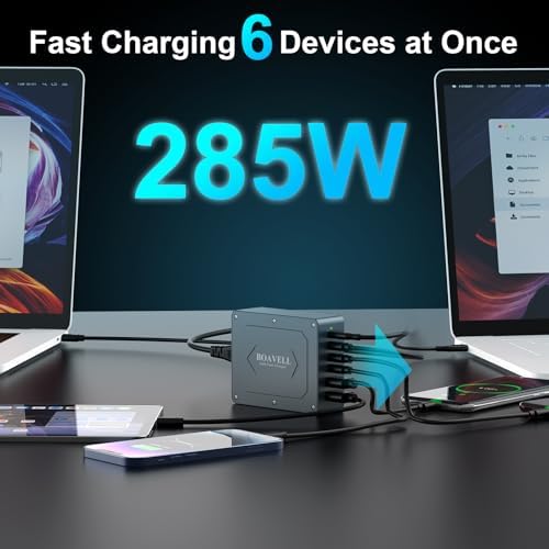 285 W Ga N Fast Charging Hub – 6-Port USB-C Power Station with Dual 100 W PD for Lightning-Fast Device Charging – Compact & Travel-Friendly Design with 100 W Cable Included – Perfect for i Phone 16, Mac Book, Samsung Galaxy & More