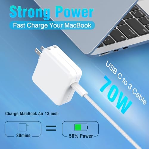 Advanced 70 W USB-C Fast Charger for Mac Book Air & Pro – Ultra-Durable Charging Adapter with 6.6 FT Braided Cable & LED Indicator – Optimal Safety Features & Extended Battery Life for M1, M2, M3, M4 Models – Perfect for 2021-2025 Mac Book Series