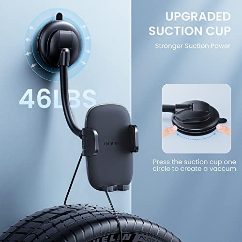 Qifutan Premium Anti-Shake Car Phone Holder with Long Arm Design – Universal Dashboard & Windshield Mount for All Smartphones, Enhanced Stability & Safety for Hands-Free Driving, Black