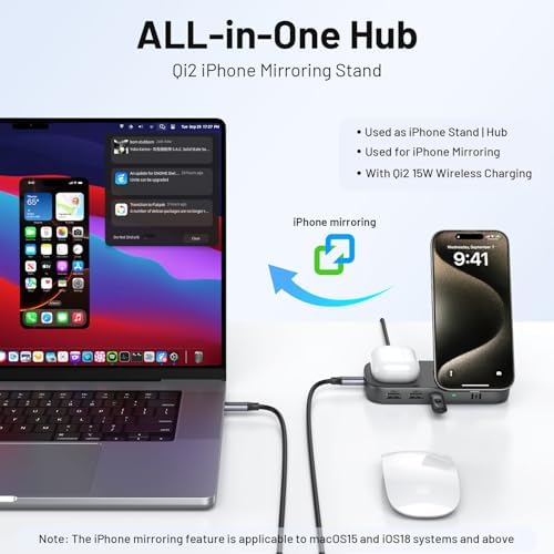 Upgrade Your Mac Book Experience with the Selore USB C Hub: 4 K HDMI Dock, 100 W Rapid Power Delivery, Qi2 Wireless Charging, 10 Gbps High-Speed Data Transfer & i Phone Mirroring – The Essential Space-Saving Organizer for Maximum Productivity