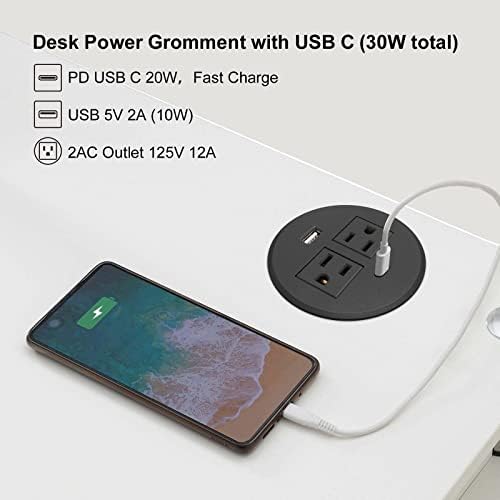 Revolutionize Your Workspace with the Desk Power Grommet USB C – 30 W PD Fast Charge Power Strip with 2 Outlets & 2 USB Ports, Effortlessly Mountable Recessed Flat Plug for Countertops, Shelves, and End Tables – Sleek Black Design for Enhanced Connectivity and Simplified Charging Solutions