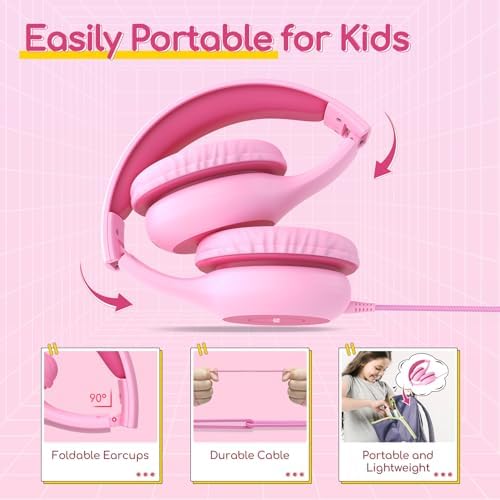 Kid-Friendly Foldable Wired Headphones with Microphone – Volume Limiting Safety (85/94 d B) for Hearing Protection, Share Port for Collaborative Audio, Ideal for Tablets, PCs, and School Use – Enhanced Type C Compatibility for Optimal Sound Quality and Comfort
