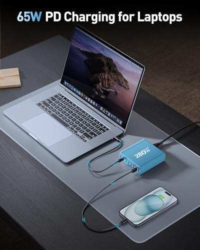 Revolutionize Your Charging Routine with the 280 W Ga N USB-C 8-Port Fast Charging Station – Power Up Laptops, Smartphones & More with PD 65 W Compatibility for Mac Book Pro/Air and Dell – Compact & Lightweight Design Perfect for Home, Office, and Travel – Universal Fast Charger for i Phone, Samsung Galaxy & All USB-C Devices
