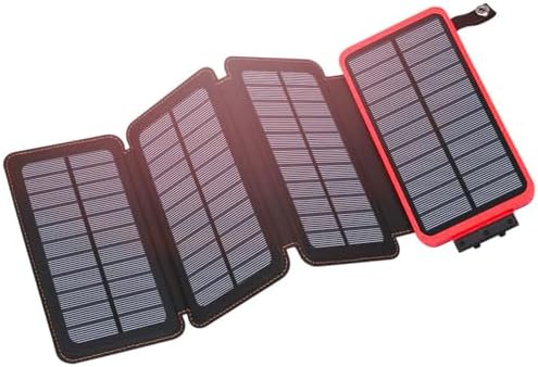 Hiluckey 25000 m Ah Solar Power Bank – Ultimate Outdoor USB C Portable Charger with 4 Efficient Solar Panels, 3 A Fast Charging, and Triple USB Outputs – Eco-Friendly Energy Solution for Smartphones and Tablets (Red)