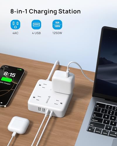 TROND Smart Surge Protector Power Strip with USB Ports – 5 ft Flat Plug Extension Cord for Home, Office & Dorm Room – 1440 Joules Surge Protection & Wall Mount Design for Space-Saving Power Management – Versatile Multi-Outlets Charging Station in White