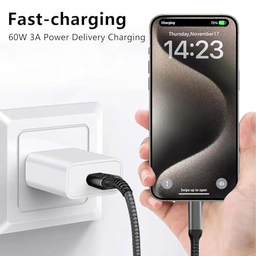 Awnuwuy 60 W USB C to USB C Charger Cable 15 ft – Fast Charging & Data Transfer for i Phone 15, Samsung Galaxy S23, Pixel 7, Mac Book – 2 Pack of Durable, High-Performance Type-C Cords for Ultimate Versatility and Connectivity