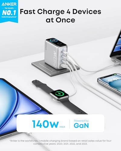 Anker 140 W Ga N Multi-Device Fast Charger – Quad-Port USB-C Rapid Charging Hub for Mac Book, i Phone 16, Samsung Galaxy & Pixel – Advanced Active Shield 2.0 Safety System – High-Definition Display for Real-Time Charging Insights – Ultimate Convenience for Tech Enthusiasts