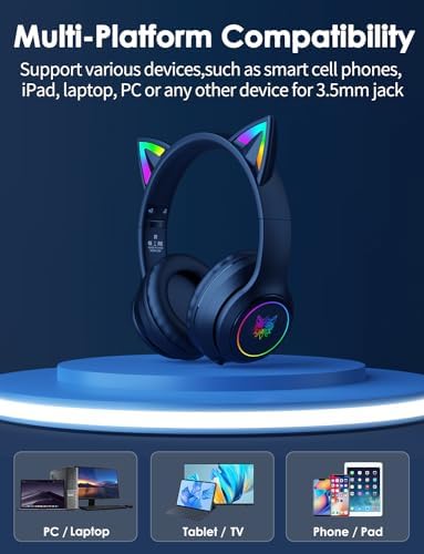 Whimsical Cat Ear Bluetooth Headphones for Kids & Adults – Immersive Hi-Fi Sound, 55-Hour Playtime, LED Light-Up Design, Built-In Microphone, and Universal Compatibility with i Phone, i Pad, Laptop & PC for Ultimate Fun and Comfort