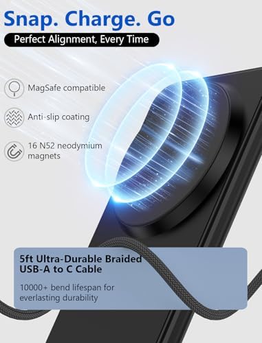 Mag Safe Charger Stand for i Phone 12-16 Series – Fast Magnetic Wireless Charging with Flip & Charge Flexibility – Black – Effortless Compatibility, Enhanced Safety Features, and Durable 1.5 m Braided Cable for Optimal Performance