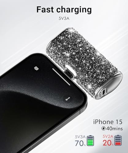Chic Gray Bling Portable Power Bank – 6800 m Ah Fast Charger with Type-C Connector and Built-in Flashlight for i Phone 15 & Android Devices – Ultra-Compact Design for Stylish On-the-Go Charging and Emergency Preparedness