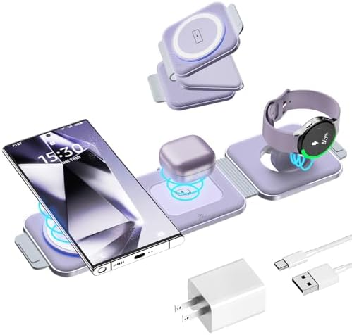 Ultimate Samsung Multi Travel Charger: Foldable Wireless Charging Pad for Galaxy Watch Ultra/7/6/5 Pro/Active 2 & Quick Charge for S25/S24/S23/S22 (+/Ultra)/Note20 – Compact Purple Design with Buds3 Pro Compatibility and Enhanced Speed for On-the-Go Power Solutions