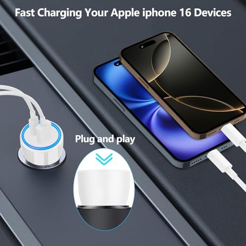 Rombica 105 W MFi Certified Dual USB-C & USB-A Fast Car Charger for i Phone 16 Pro Max – Ultimate Portable Power Solution with 6 FT Coiled Type-C Cable for Rapid Charging on the Go, Perfect for Road Trips and Daily Commuting