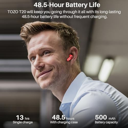 TOZO T20 Wireless Earbuds – Ultimate 48.5 Hour Playtime, IPX8 Waterproof Design for All-Weather Use, Dual Microphone Noise Cancellation for Clear Calls, 10 mm Speakers Delivering Rich Audio, Advanced 2025 Bluetooth Connectivity with Real-Time LED Battery Display