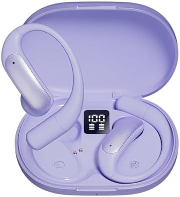 Elevate Your Active Lifestyle with Lightweight Purple Open Ear Bluetooth 5.3 Headphones for Women – Waterproof Sports Earbuds Featuring Smart Digital Display and Ergonomic Design for Ultimate Comfort During Running and Cycling Activities