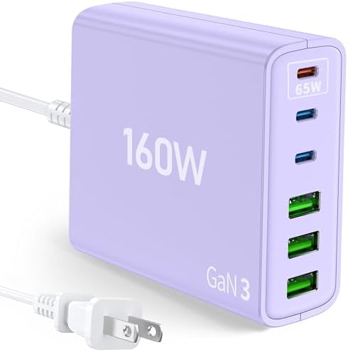 Efficient 160 W Multi-Device USB Charger: 6-in-1 Fast Charging Station with 65 W Type-C Port for Laptops, USB-A & USB-C Compatibility for Mac Book, i Pad, i Phone, Samsung – Ideal for Home and Travel Power Needs