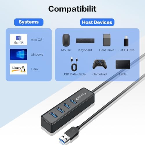 Smart Q H302 USB 3.0 Hub – 4-Port Connectivity Solution with Long Cable Options for Seamless Data Transfer up to 5 Gbps, Micro-B Charging for All Devices, Includes USB C Adapter – Boost Your Productivity & Versatile Workspace Efficiency