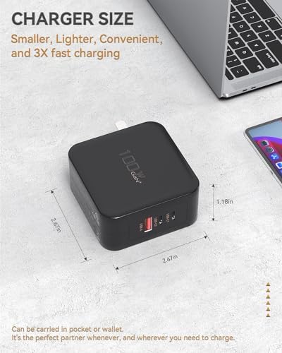 100 W Ga N Fast Charger – 3-Port USB C Wall Adapter with Intelligent Power Distribution for Ultimate Device Compatibility – Rapid Charging for Mac Book, i Phone 15, Galaxy S23 Ultra & More – Compact Design for Travel Efficiency – Overcharge & Overheat Protection