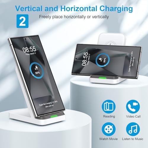 Effortless 15 W Fast Charging Wireless Stand for Pixel, Samsung, and i Phone – Universal Compatibility with QC3.0 Adapter – Sleek Ergonomic Design for Quick Access and Safety Features for Overheating Protection – Ideal for Tech Enthusiasts and Busy Professionals