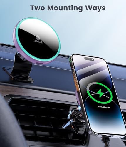 MOKPR 15 W Mag Safe Car Charger & Magnetic Phone Holder – Effortless Fast Wireless Charging with Dynamic LED RGB Lighting for i Phone 15/14/13/12 Series – Stylish Dash & Air Vent Mount for Enhanced Driving Experience and Convenient Accessibility